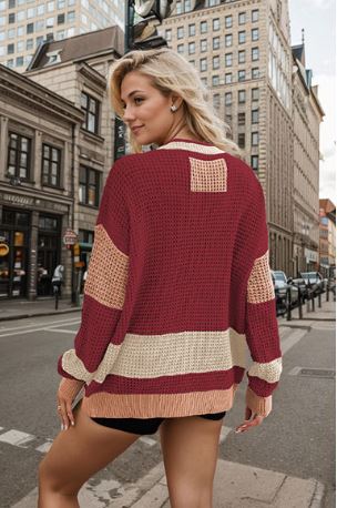 Autumn and winter new V-neck plus pocket color blocked cardigan sweater