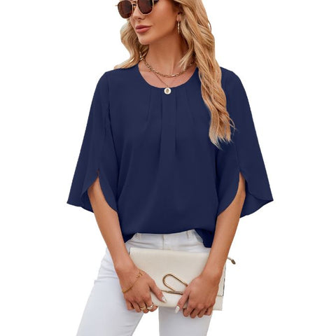 New solid color round neck five quarter sleeve short sleeved loose chiffon top