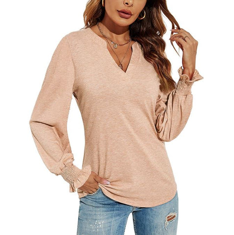 New V-neck patchwork loose autumn solid color top