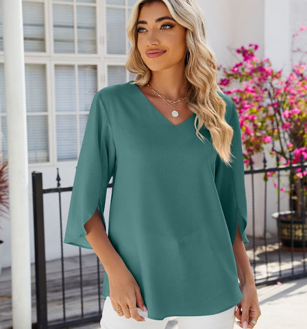 Spring/Summer New Solid Color V-neck Mid Sleeve Loose Chiffon Women's Top