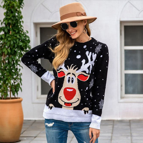 Loose fitting Christmas reindeer jacquard knitted sweater for women