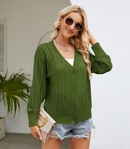 2024 temperament hollow V-neck knitted sweater