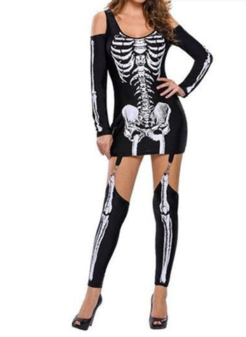 Makeup Ball Skeleton Skeleton Printed Sexy Off Shoulder Halloween Dark Performance Dress