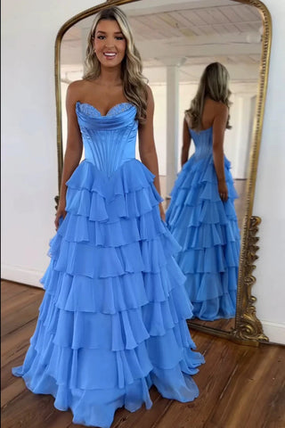 Sweet A Line Sweetheart Floral Printed Chiffon Tiered Prom Dresses