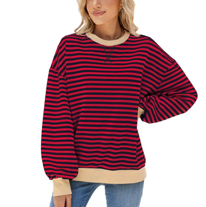 Autumn and winter striped round neck contrasting loose long sleeved sweatshirt jacket for women