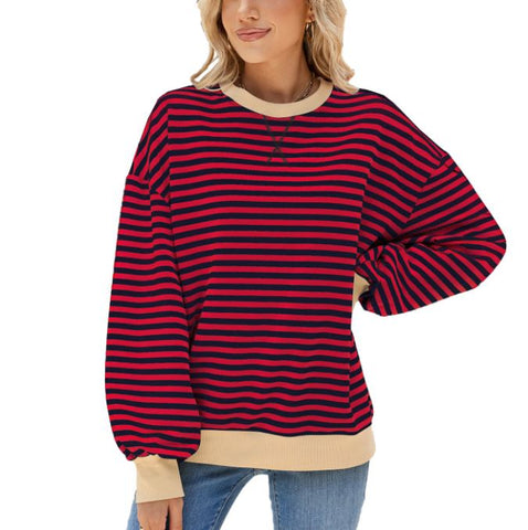 Autumn and winter striped round neck contrasting loose long sleeved sweatshirt jacket for women