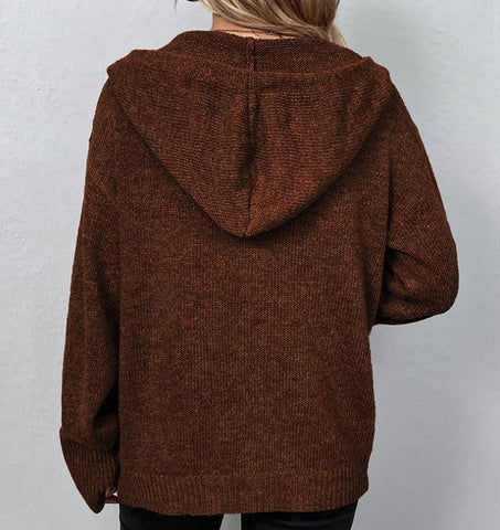 Solid color hooded single breasted autumn and winter drawstring knit sweater jacket