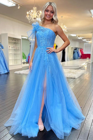 Cute One Shoulder Blue Tulle A Line Prom Dress with Appliques