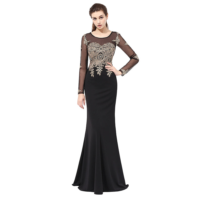 Sophisticated Long - Sleeved Black Mermaid Gown Gold Embroidered Bodice Prom Dress,LX357