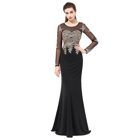 Sophisticated Long - Sleeved Black Mermaid Gown Gold Embroidered Bodice Prom Dress,LX357