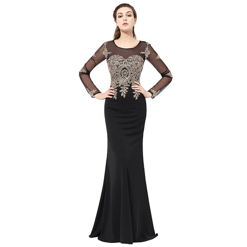 Sophisticated Long - Sleeved Black Mermaid Gown Gold Embroidered Bodice Prom Dress,LX357