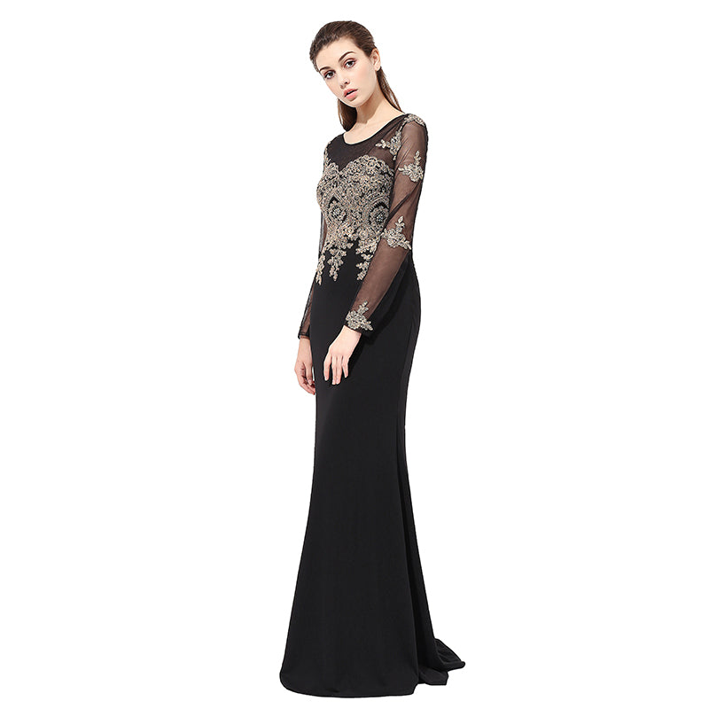 Sophisticated Long - Sleeved Black Mermaid Gown Gold Embroidered Bodice Prom Dress,LX357