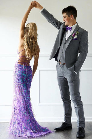 Mermaid Purple Sequins V Neck Long Prom Dress wirh Feather