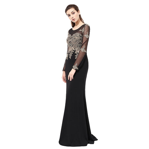 Sophisticated Long - Sleeved Black Mermaid Gown Gold Embroidered Bodice Prom Dress,LX357