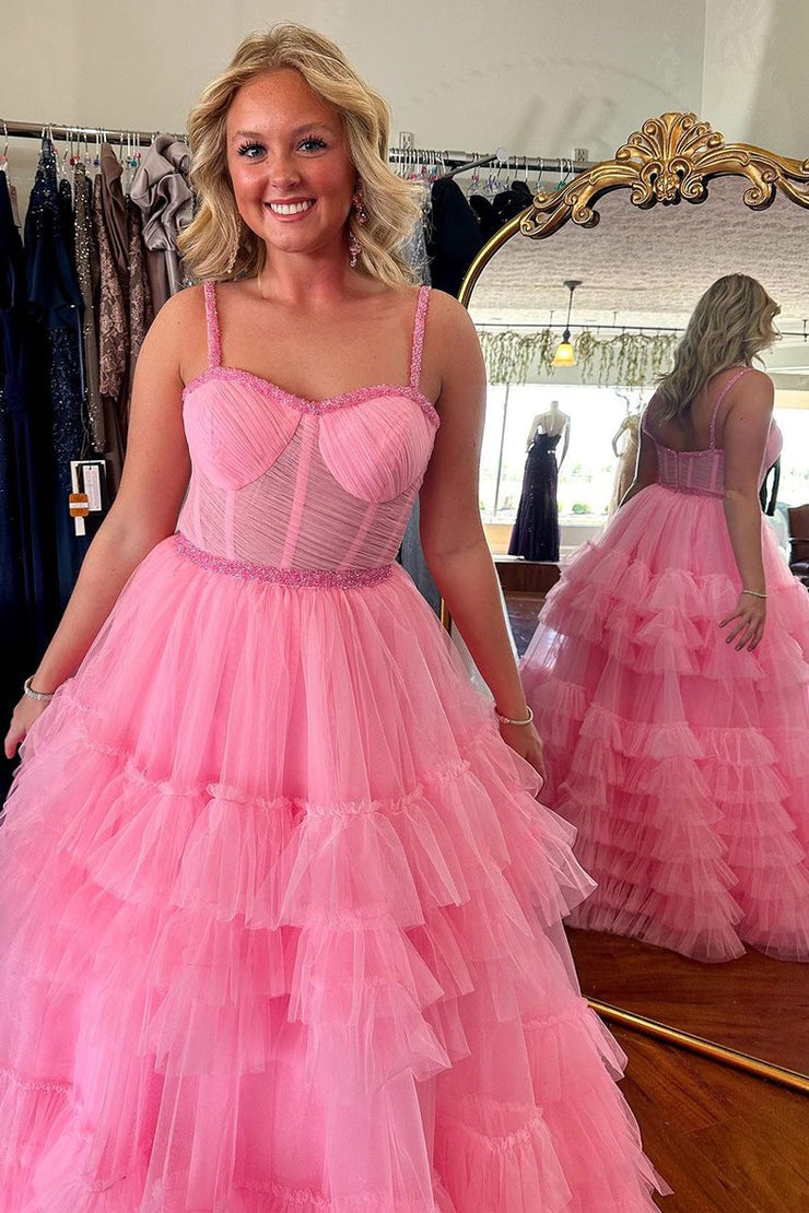 Cute Sweetheart Ruffle Tiered Tulle A Line Prom Dress with Beading