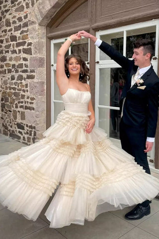 Cute Champagne Ball Gown Scoop Neck Tiered Tulle Prom Dress wirh Slit