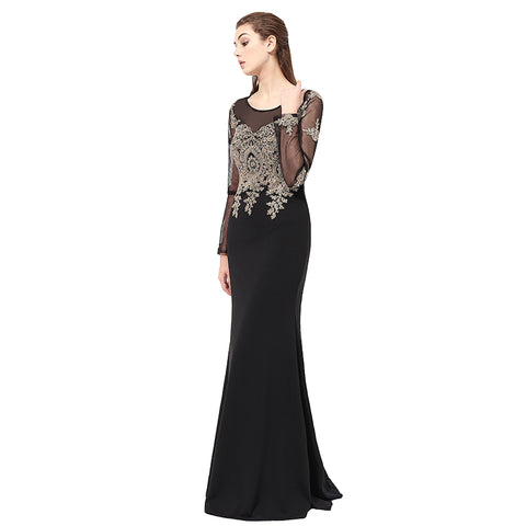 Sophisticated Long - Sleeved Black Mermaid Gown Gold Embroidered Bodice Prom Dress,LX357