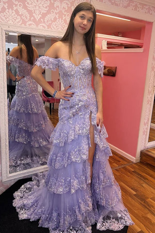 Sparkly Off the Shoulder Lavender Sequins Tiered Mermaid Prom Dress with Slit