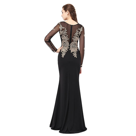 Sophisticated Long - Sleeved Black Mermaid Gown Gold Embroidered Bodice Prom Dress,LX357