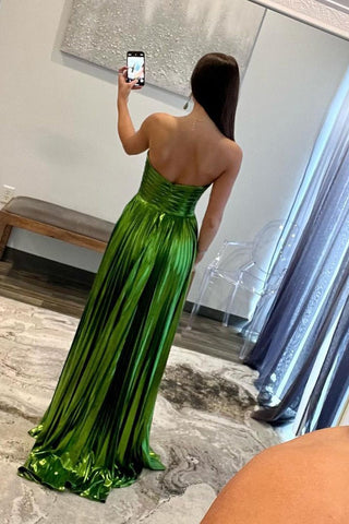 A Line Metallic Satin Pleated Strapless Prom Dresses with Slit