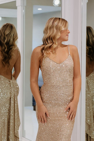 Charming V Neck Gold Sheath Prom Dresses