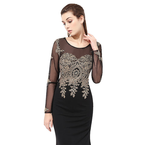 Sophisticated Long - Sleeved Black Mermaid Gown Gold Embroidered Bodice Prom Dress,LX357