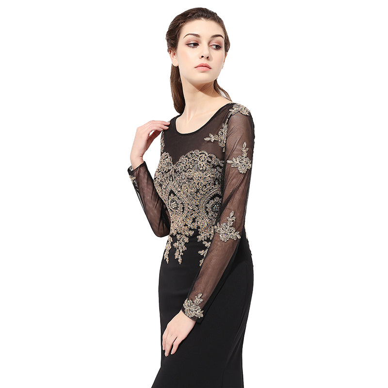 Sophisticated Long - Sleeved Black Mermaid Gown Gold Embroidered Bodice Prom Dress,LX357
