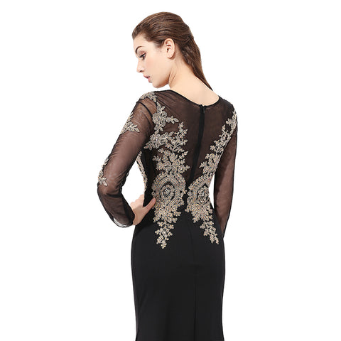 Sophisticated Long - Sleeved Black Mermaid Gown Gold Embroidered Bodice Prom Dress,LX357