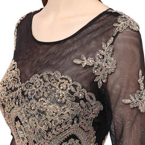 Sophisticated Long - Sleeved Black Mermaid Gown Gold Embroidered Bodice Prom Dress,LX357