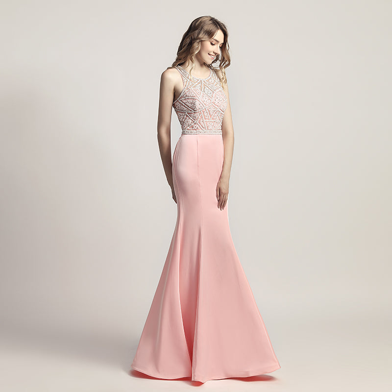 Stunning Sleeveless Mermaid Gown in Pink with Embellished Bodice Prom Dress,LX420