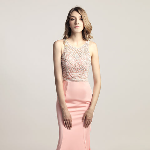Stunning Sleeveless Mermaid Gown in Pink with Embellished Bodice Prom Dress,LX420