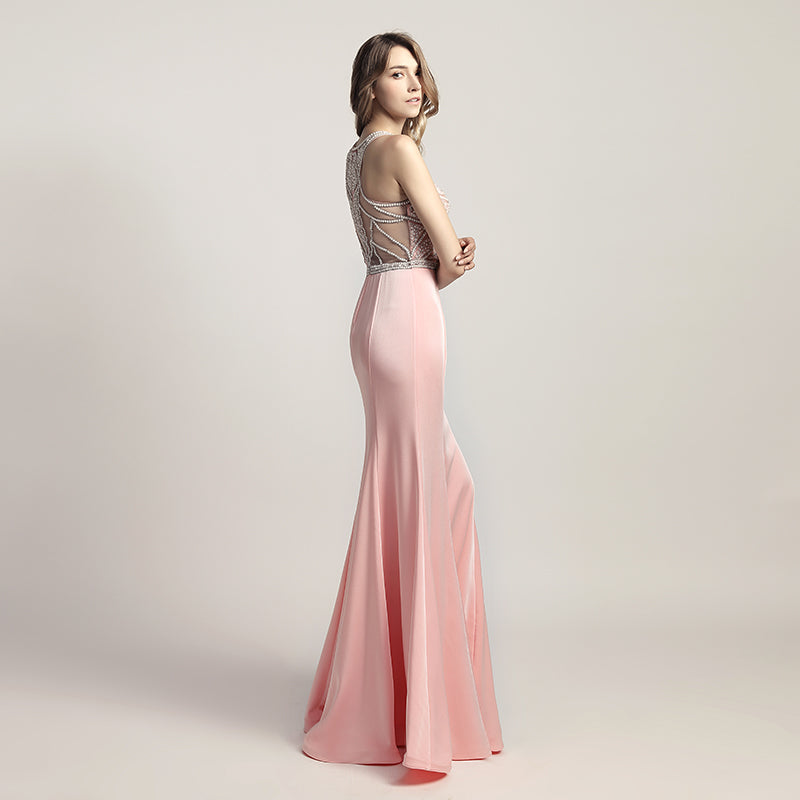 Stunning Sleeveless Mermaid Gown in Pink with Embellished Bodice Prom Dress,LX420