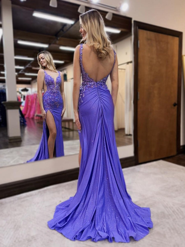 Charming V Neck Purple Satin Long Mermaid Prom Dresses with Beading