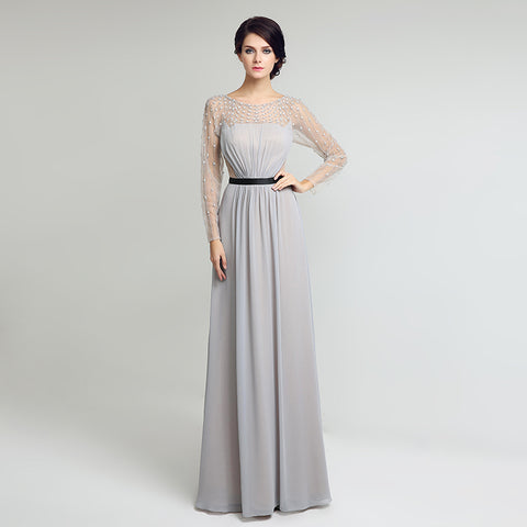 Elegant Long - Sleeved Grey Evening Gown with Beaded Mesh Top Prom Dress,LX226