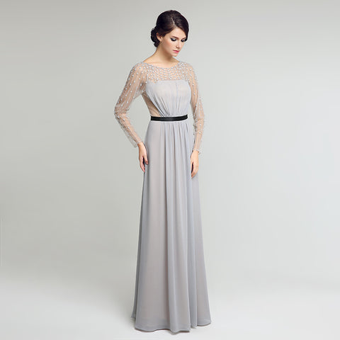Elegant Long - Sleeved Grey Evening Gown with Beaded Mesh Top Prom Dress,LX226