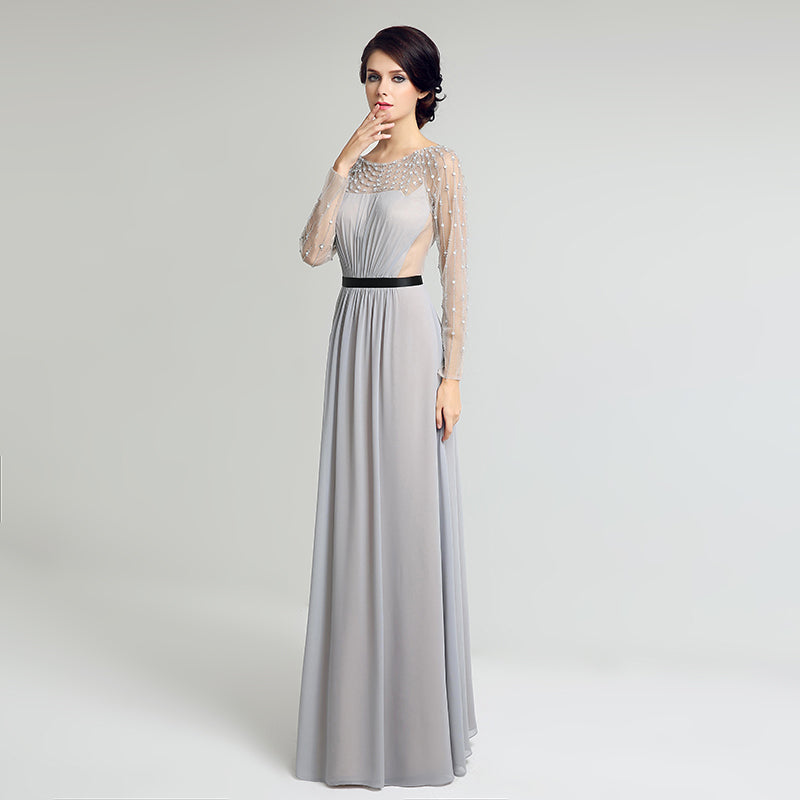 Elegant Long - Sleeved Grey Evening Gown with Beaded Mesh Top Prom Dress,LX226