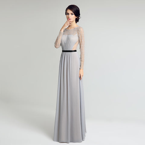 Elegant Long - Sleeved Grey Evening Gown with Beaded Mesh Top Prom Dress,LX226