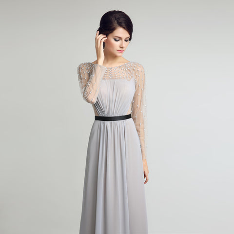 Elegant Long - Sleeved Grey Evening Gown with Beaded Mesh Top Prom Dress,LX226