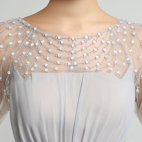 Elegant Long - Sleeved Grey Evening Gown with Beaded Mesh Top Prom Dress,LX226