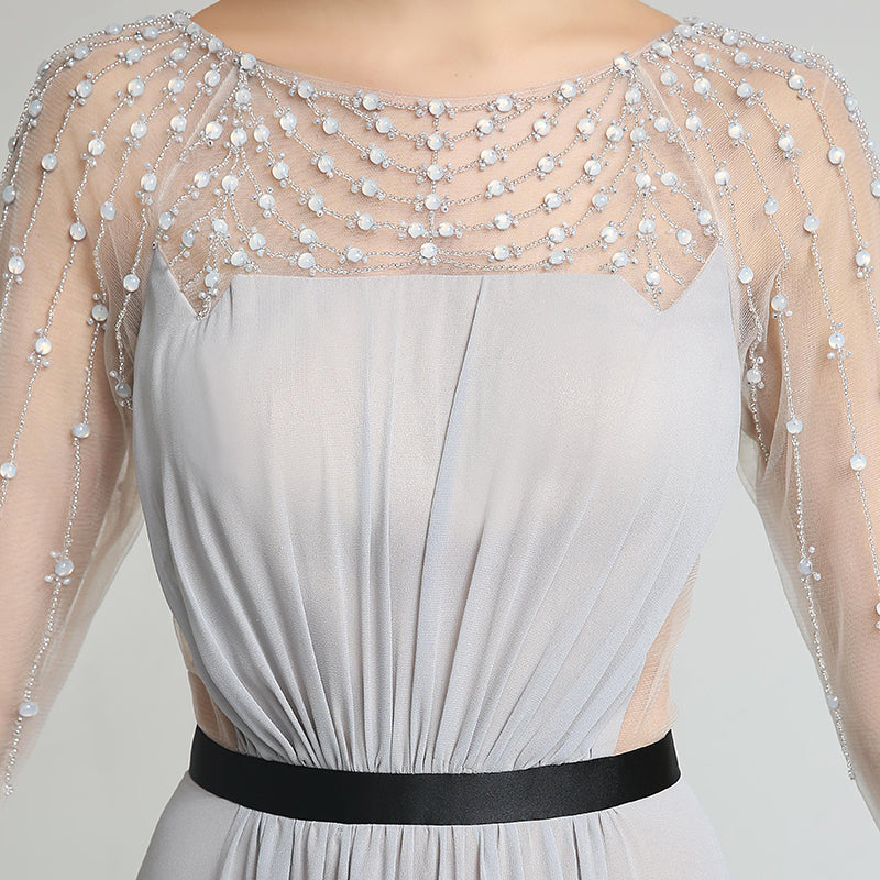 Elegant Long - Sleeved Grey Evening Gown with Beaded Mesh Top Prom Dress,LX226
