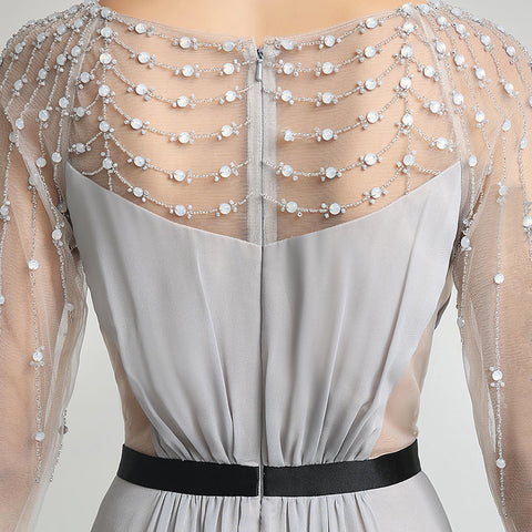 Elegant Long - Sleeved Grey Evening Gown with Beaded Mesh Top Prom Dress,LX226