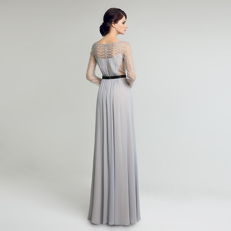 Elegant Long - Sleeved Grey Evening Gown with Beaded Mesh Top Prom Dress,LX226