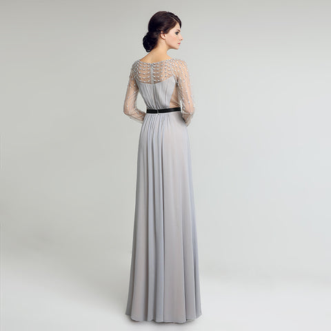 Elegant Long - Sleeved Grey Evening Gown with Beaded Mesh Top Prom Dress,LX226