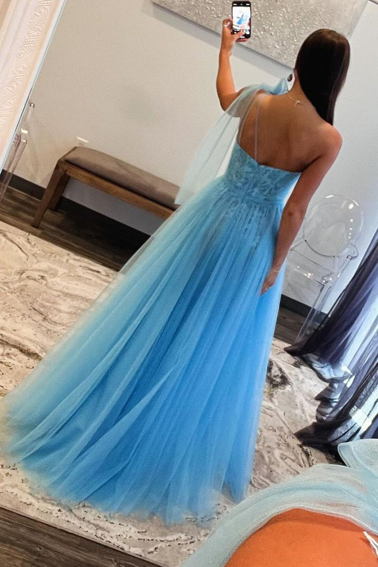 One Shouledr Tulle Long Light Blue Prom Dress with Appliques