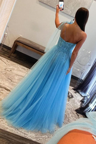 One Shouledr Tulle Long Light Blue Prom Dress with Appliques