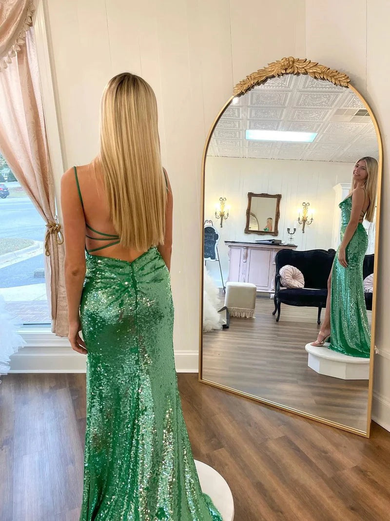 Charming  Scoop Neck Mermaid Green Sequins Prom Dresses with Slit