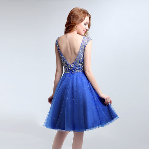 Sparkling Sleeveless Blue Short Tulle Dress with Embellished Bodice - Prom Dress, LX189