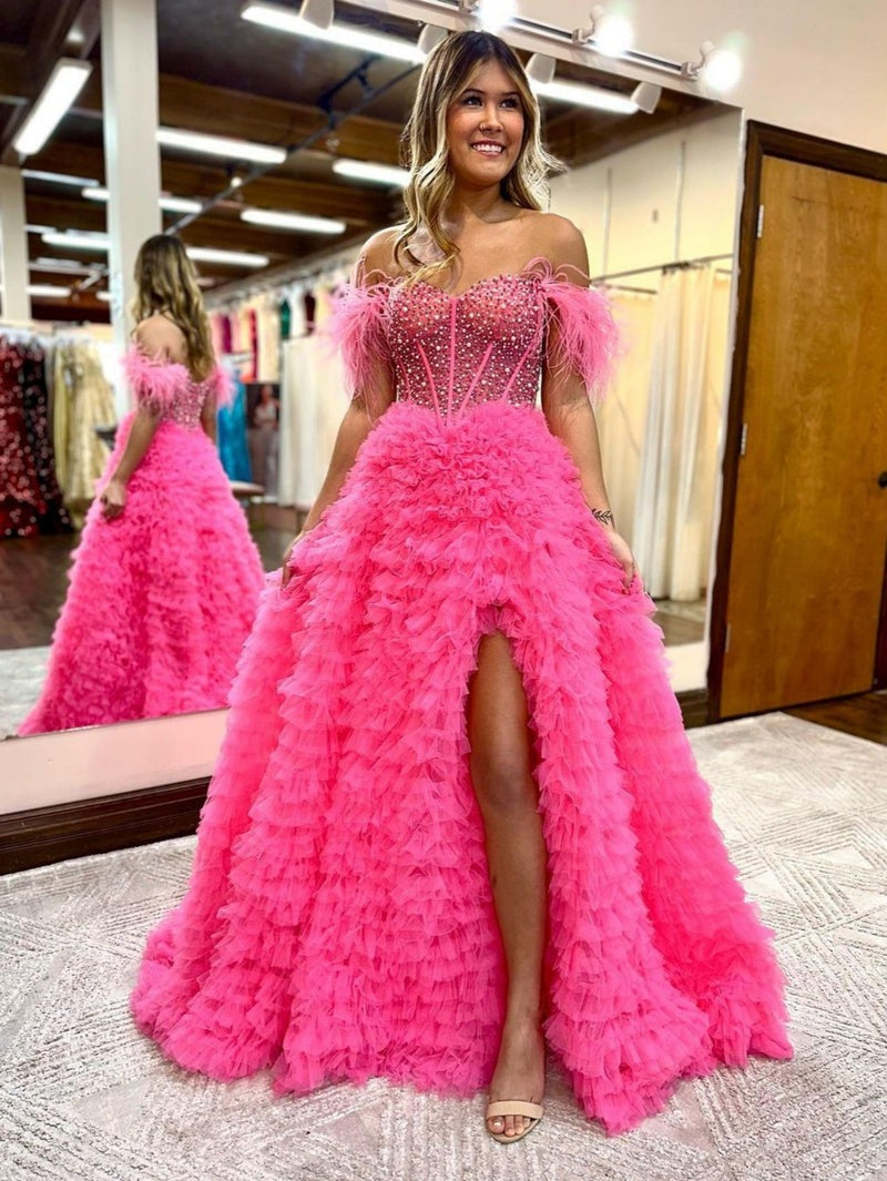 A Line Tiered Tulle Off the Shoulder Prom Dress With Slit