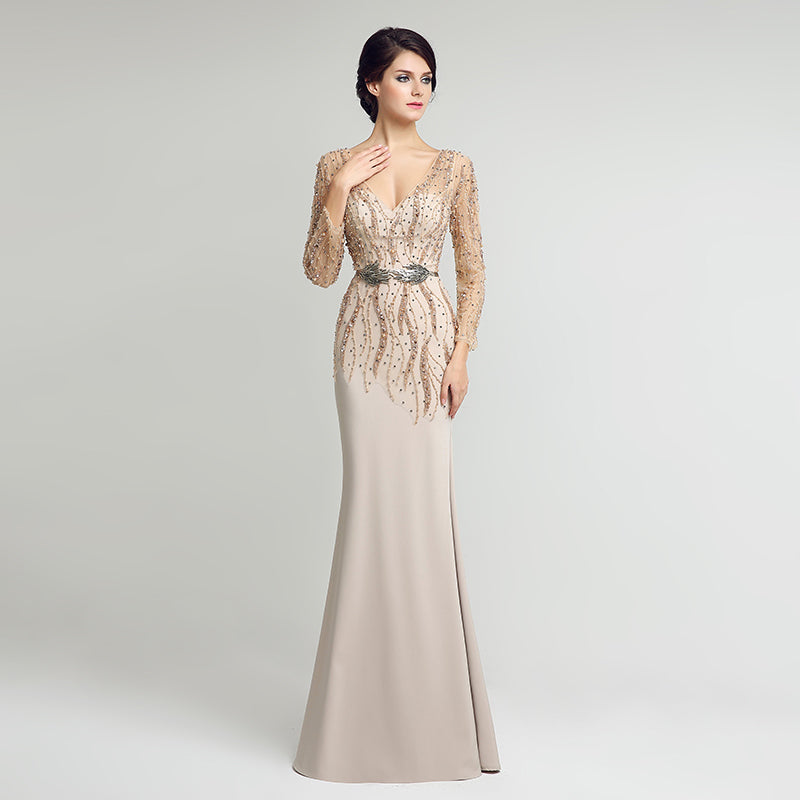 Exquisite Long - Sleeved Beige Mermaid Gown with Embellished Bodice Prom Dress,LX277