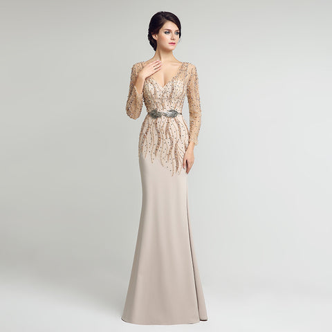 Exquisite Long - Sleeved Beige Mermaid Gown with Embellished Bodice Prom Dress,LX277